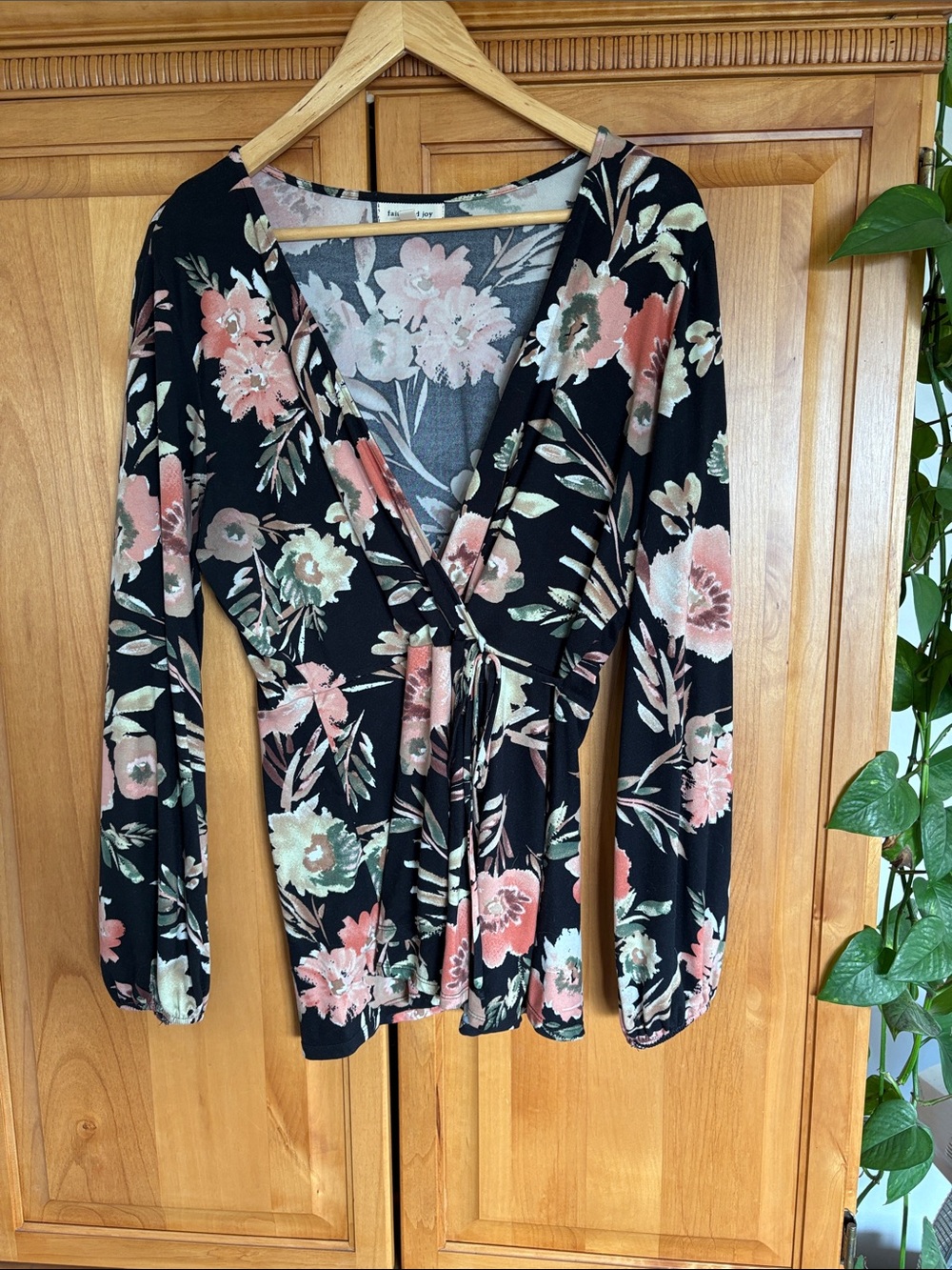 Faith and Joy Black Floral Wrap V-Neck Long Sleeve Top